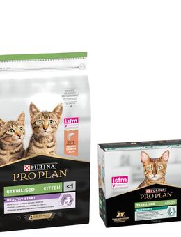 PURINA PRO PLAN Trockenfutter + 10 x 85 g Sterilised Adult Maintenance gratis! - 10 kg Sterilised Kitten Healthy Start Lachs