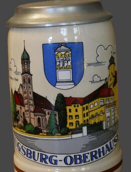 Bierkrug mit Zinndeckel , Keramik , 0,5Liter , Augsburg - Oberhausen , Original King , Höhe 16cm ,K7 - Görlitz