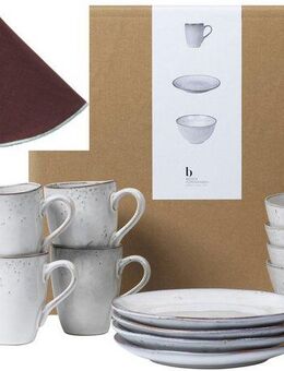 Broste Copenhagen Frühstücks-Geschirrset Nordic Sand, inklusive Serviette Wilhemina (16-tlg), 4 Personen, Keramik, Beliebte Geschirr Sets Exclusiv mit Geschenk