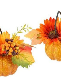 Kunstblume Dahlien-Gesteck im Kürbis, I.GE.A., Höhe 12 cm, Mit Beeren Blume Dekoblume Gesteck Herbstblume Herbstdeko Mittelstück