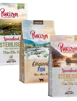 Gemischtes Sparpaket Purizon 3 x 2,5 kg - Sterilised Mix: Huhn & Fisch, Truthahn & Huhn, Fisch