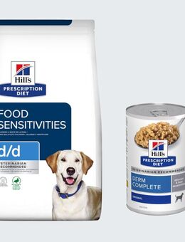 12 kg Hill's Prescription Diet + 3 x 370 g Derm Complete Nassfutter gratis! - d/d Food Sensitivities mit Ente & Reis