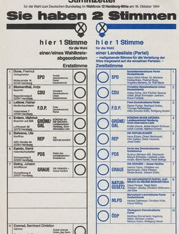Alter Original Stimmzettel Bundestagswahl 1994 Wahlkreis 12 Hamburg - Hamburg Hamburg-Nord