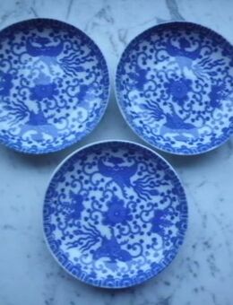 Japan Porzellan Phoenix Phönix Vogel blau weiß 3 Teller 9 cm Vintage zus. 8,- - Flensburg