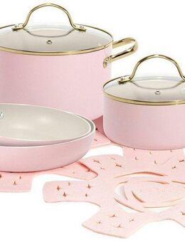 Paris Hilton Topf-Set Paris Hilton, Kochgeschirr-Set, Aluminium (Set, 10-tlg., Bratpfanne Ø 20/25 cm, Kochtopf 4l, Kasserolle 1,9l, 4 Pfannenschoner), Set aus Bratpfannen, Kochtöpfe und Pfannenschoner