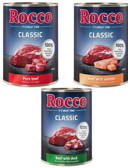 Rocco Classic Probiermix 6 x 400 g - Exklusiv-Mix: Rind pur, Rind/Lachs, Rind/Ente