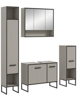 welltime Badmöbel-Set Locri, Breite 170 cm, Rillenoptik, Metallkufen, (4-St), Hochschrank, Waschbeckenunterschrank, Spiegelschrank, Standschrank