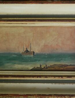 Ölgemälde auf Holz , Uferlandschaft mit Dampfschiff , Seestück , undeutlich signiert , Größe 23,5cm x 13cm mit Rahmen 33cm x 22,5cm - Görlitz