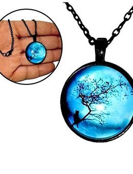 Nacht Baum Katzen Wolken Motiv Glas Anhänger Schwarz mit Halskette Modeschmuck 8,90 €* - Villingen-Schwenningen