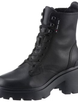 Tommy Jeans TJW MID HEEL BOOT LEATHER Schnürstiefelette, Blockabsatz, Plateau, Schnürboots, Chunkyboots mit Label
