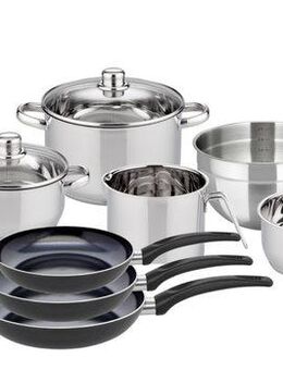 Elo Basic Topf-Set Galactica, Edelstahl 201 (Set, 18-tlg., 5 Töpfe,3 Deckel, 3 Pfannen,1 Schüssel,4 Küchenhelfer, 2 Stapelschutz), Induktion