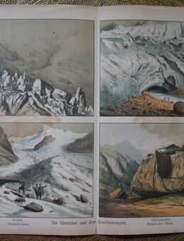 Alte Grafik : Die Gletscher und ihre Erscheinungen. , Eisfall , Gletschertisch, Gletschertor, Erratischer Block ., Blatt 40cm x 30cm , M70 - Görlitz