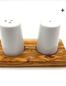 Olivenholz-erleben Salz- / Pfefferstreuer Salz- & Pfefferstreuer ALBERT auf Olivenholz-Sockel, (Set, 3-tlg), Kombination aus langlebiger Keramik und edlem Olivenholz