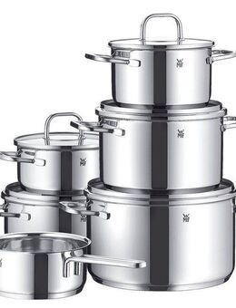WMF Topf-Set Inspiration, Cromargan® Edelstahl Rostfrei 18/10 (Set, 11-tlg., 1 Bratentopf Ø 16/20cm, 1 Fleischtopf Ø 16/20/24cm, 1 Stieltopf Ø 16cm), Induktion