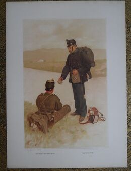 alte Farblithografie , Schweizer Militär , Sanitätssoldat , Uniform , Blattgröße 41,5cm x 29,5cm , M - C - Görlitz