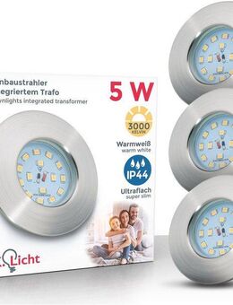 B.K.Licht LED Einbauleuchte 3er Set Bad Einbaustrahler, IP44 geschützt, LED Einbauspots, flach, LED fest integriert, Warmweiß, 3.000K, 400Lm, 4,8W, Kunststoff, 7,5 x 3 cm, Nickel
