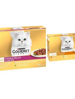 96 x 85 g Jumbopack Gourmet + 24 x 85 g passendes Nassfutter gratis! - 96 x 85 g Gold Duo Delice: Luxus-Mix + 24 x 85 g Gold Saftig-Feine Streifen: Huhn Varianten