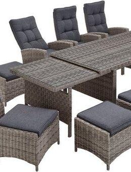 KONIFERA Garten-Essgruppe Monaco, (Set, 27-tlg., 6x Sessel, 4x Hocker, 1x AZ-Tisch 200-366x100x75,5 cm, inkl. Auflagen), für 10 Personen Aluminium, Polyrattan, Rückenlehne verstellbar