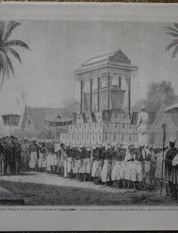 Grafik : Enterrrement de Monseigneur Pallegeix , eveque de Siam , arivee du cortege devant l`eglise chretien. , Südostasien , Blatt 36,5cm x 26,5cm , M70 - Görlitz