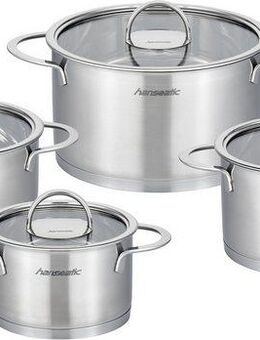Hanseatic Topf-Set hanseatic, Edelstahl 18/10 (Set, 8-tlg., je 1 Fleischtopf 16/20/24 cm, Bratentopf 20 cm), handfreundliche Kaltmetallgriffe, Literskala, Glasdeckel, Induktion