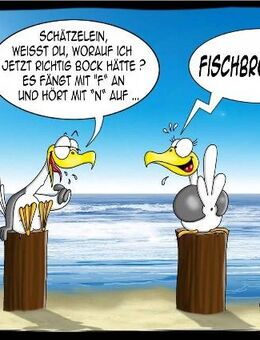 Lustige Postkarte „Fischbrötchen“ – Möwenhumor von Hösti Möwe Maritim - Berlin