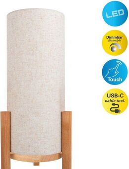 näve LED Tischleuchte Matida, Ein-/Ausschalter, LED wechselbar, Warmweiß, Akkubetrieb, inkl. USB-C-Kabel, Holzgestell, Textilschirm, dimmbar