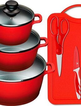 KING Topf-Set ALUGUSS, Aluminiumguss (Set, 11-tlg., je 1 Kochtopf mit Deckel 16/20/24 cm, Schneidebrett mit Messerset), Glasdeckel, Induktion,Keramikantihaftbeschichtung