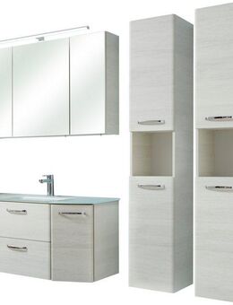 Saphir Badmöbel-Set Quickset 936 4-teilig, Glaswaschtisch und LED-Spiegelschrank, (Set, 4-St), 2 Hochschränke, Eiche Weiß quer Nachbildung, inkl. Türdämpfer, 9 Türen
