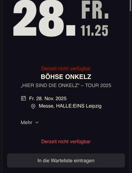 Suche Tickets Onkelz Leipzig 28.11.25 - Buttstädt