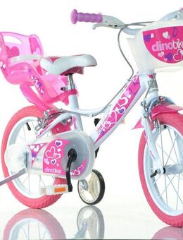 Dino Kinderfahrrad Mädchenfahrrad 16 Zoll, 1 Gang, mit Stützrädern, Korb und Puppensitz