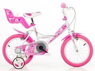 Dino Kinderfahrrad Mädchenfahrrad 14 Zoll, 1 Gang, mit Stützrädern, Korb und Puppensitz