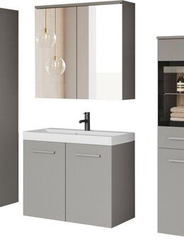 welltime Badmöbel-Set MADRIT II, Schrank mit Waschbecken, 2 Hänger, Spiegelschrank, (Komplett-Set, 5-St), Hängende Badmöbel mit Glaseinsätzen – in vielen Farben erhältlich
